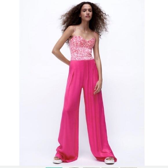 Zara Printed Corset Bodysuit Pink White Floral Medium NWT - Picture 2 of 9